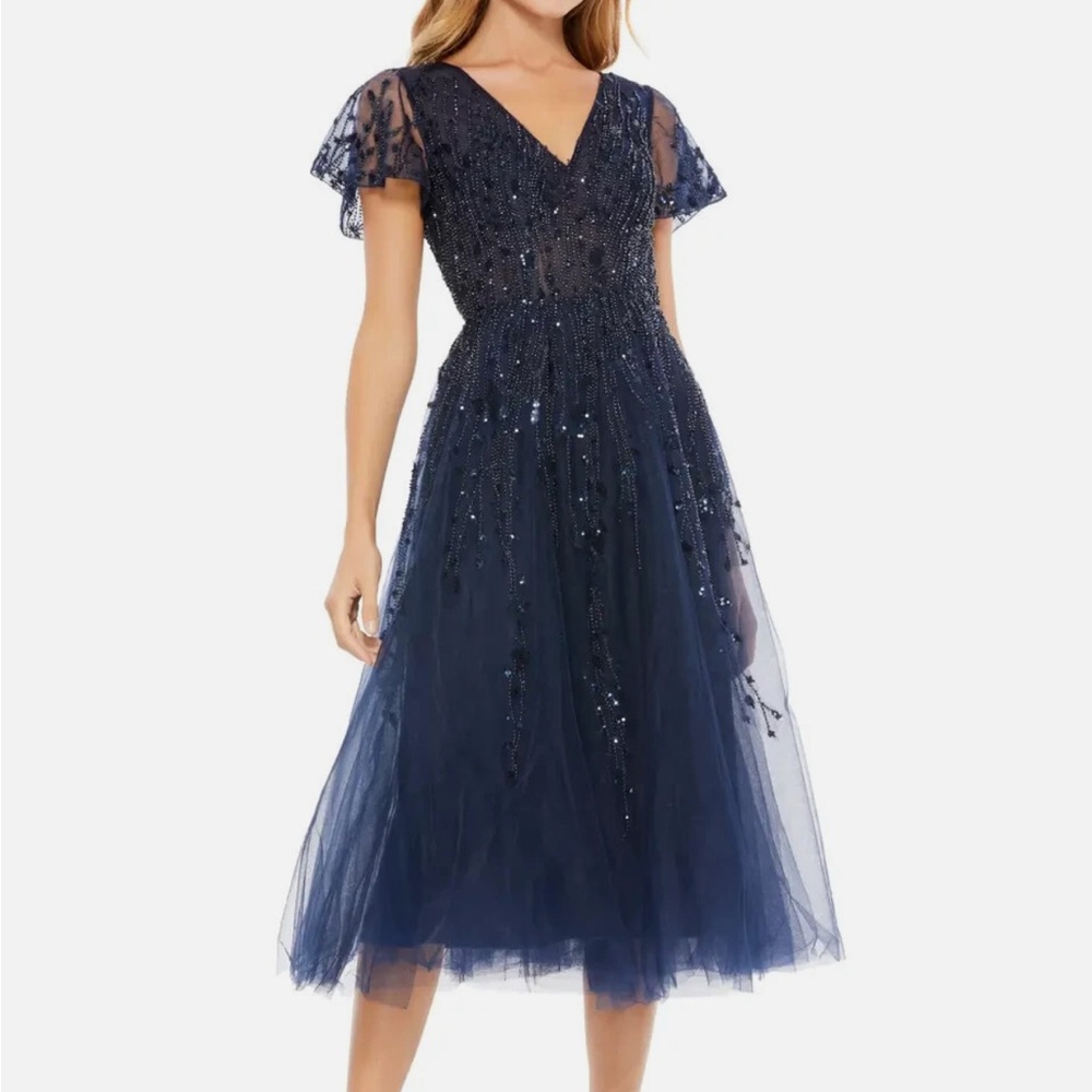 Mac Duggal Midnight Blue Embellished Midi Dress